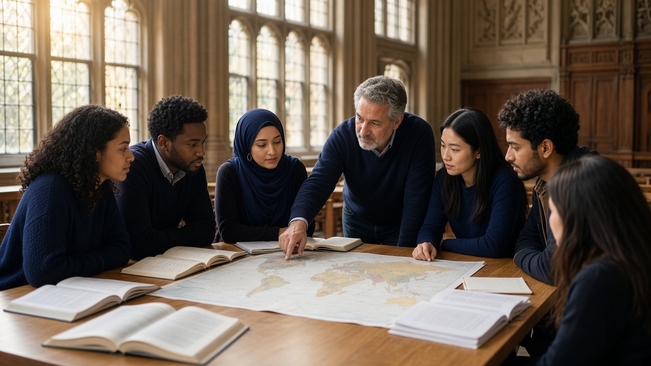 Students and a mentor gathered around a world map in a sunlit hall